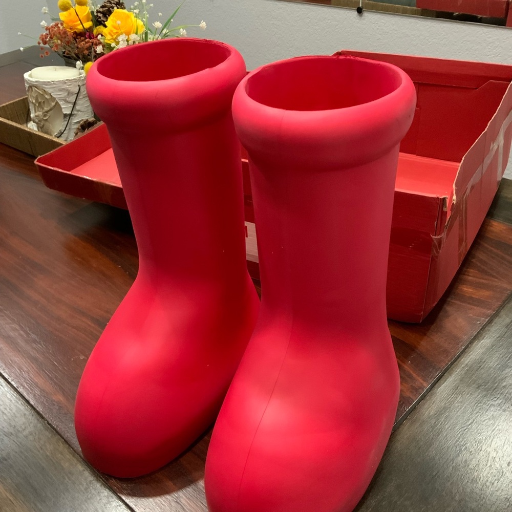 MSCHF Red Rubber Men's  Boots Round Toe Pull On Solid